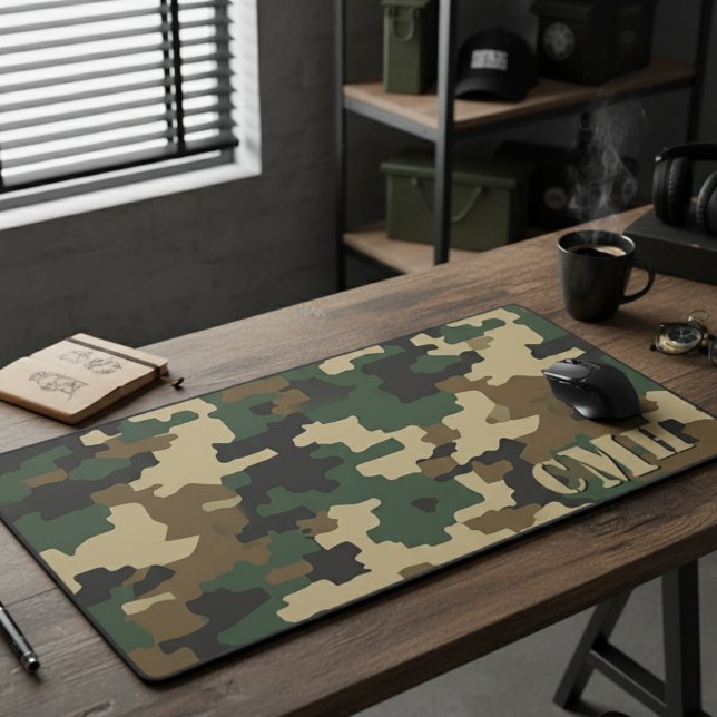 Green Military Retro Camouflage Stencil Monogram Desk Mat (Creator Uploaded)