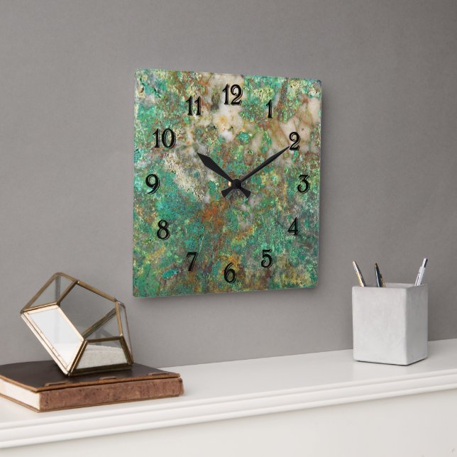 Green Mineral Stone w/Black Numerals Square Wall Clock (Office)