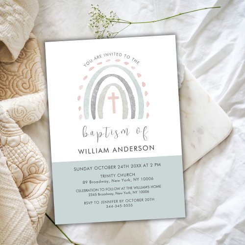 Green Minimal Boho Rainbow Cross Boy Baptism Invitation