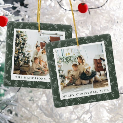 Green Minimal Christmas Leaf Pattern Family Photos Ceramic Ornament