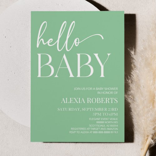 Green Minimal Hello Baby Baby Shower Invitation