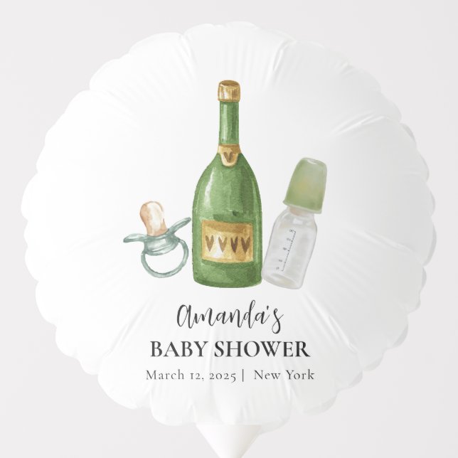Green Minimal Poppin Champagne Bottles Baby Shower Balloon (Front)