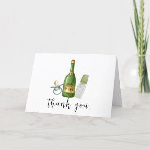 Green Minimal Poppin Champagne Bottles Baby Shower Letterpress Thank You Card
