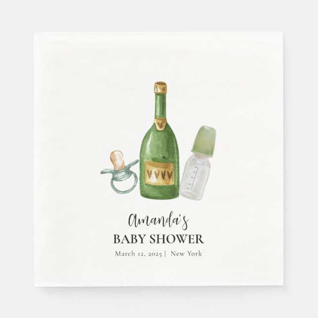 Green Minimal Poppin Champagne Bottles Baby Shower Napkins (Front)