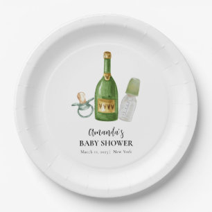 Green Minimal Poppin Champagne Bottles Baby Shower Paper Plates