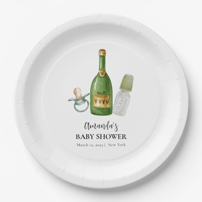 Green Minimal Poppin Champagne Bottles Baby Shower Paper Plates (Front)