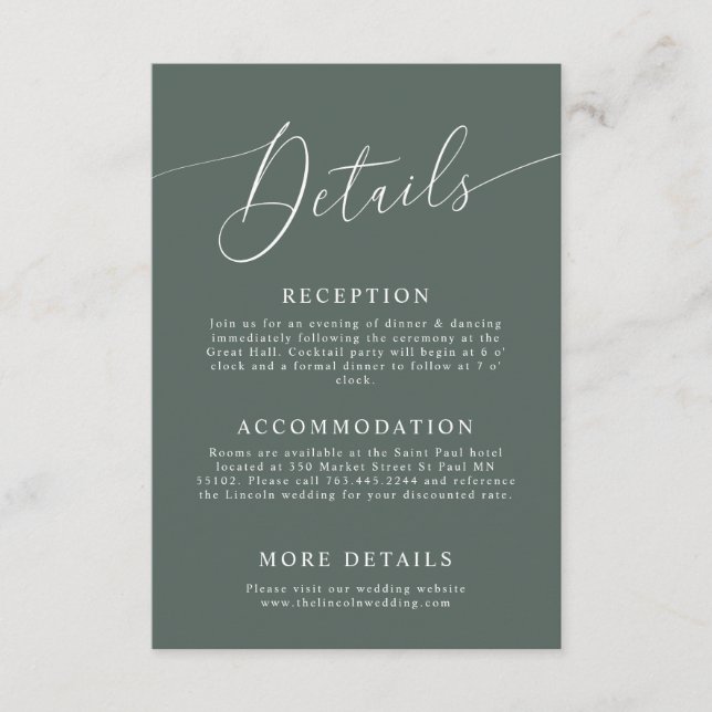 Green Minimal Wedding Details Enclosure Card (Front)