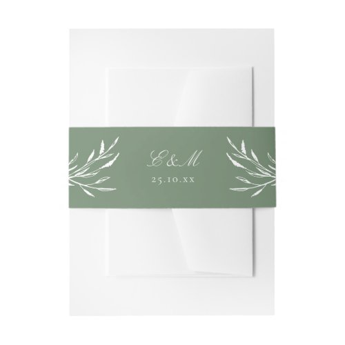 Green Minimalist Boho Botanical Script Monogram  Invitation Belly Band