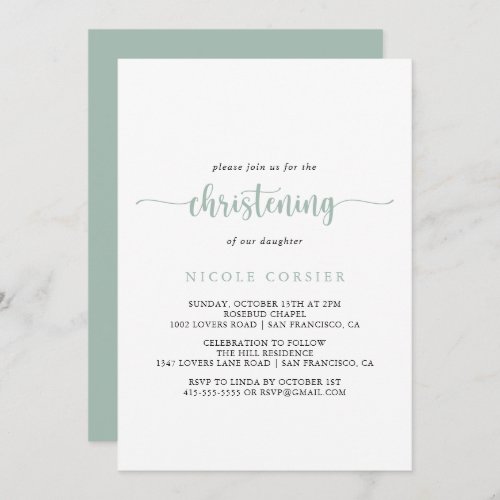 Green Minimalist Calligraphy Christening  Invitation