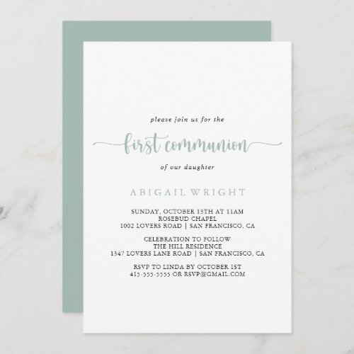 Green Minimalist Calligraphy First Communion  Invitation