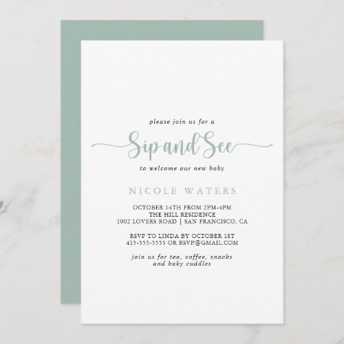 Green Minimalist Calligraphy Sip and See  Invitation
