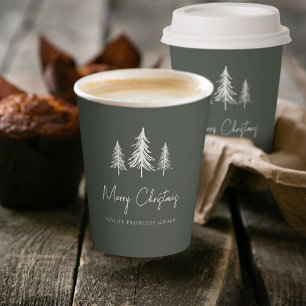 Green Minimalist Christmas Pine Trees Paper Cups