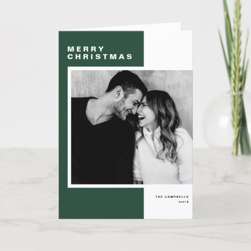 Green Minimalist Color Block Merry Christmas Photo Holiday Card