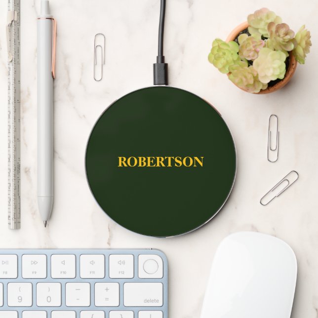 Green minimalist custom name  wireless charger  (Desk)