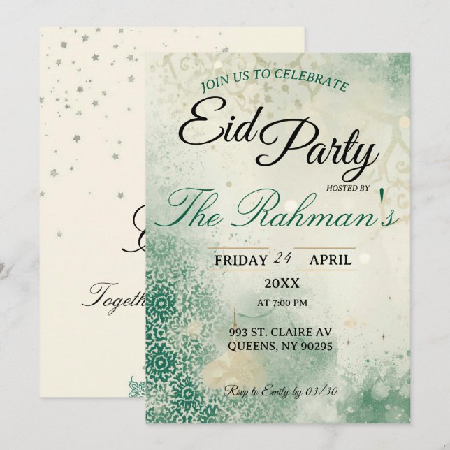 Green Minimalist  elegant Eid Party Invitation  (Front/Back)