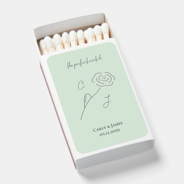 Green Minimalist Flower Monogram Wedding Favor Matchboxes (Front Open)