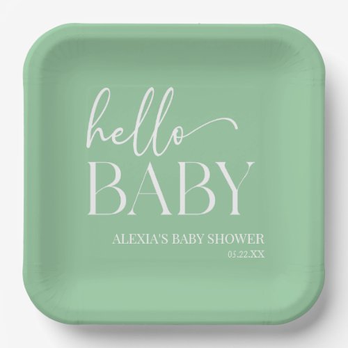 Green Minimalist Hello Baby Baby Shower Paper Plates