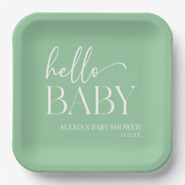Green Minimalist Hello Baby Baby Shower Paper Plates (Front)