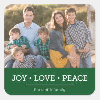 Green Minimalist Joy Love Peace Holiday Photo Square Sticker