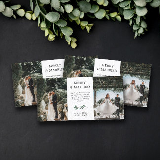 Green Minimalist Mistletoe Merry Married Christmas Thank You Card