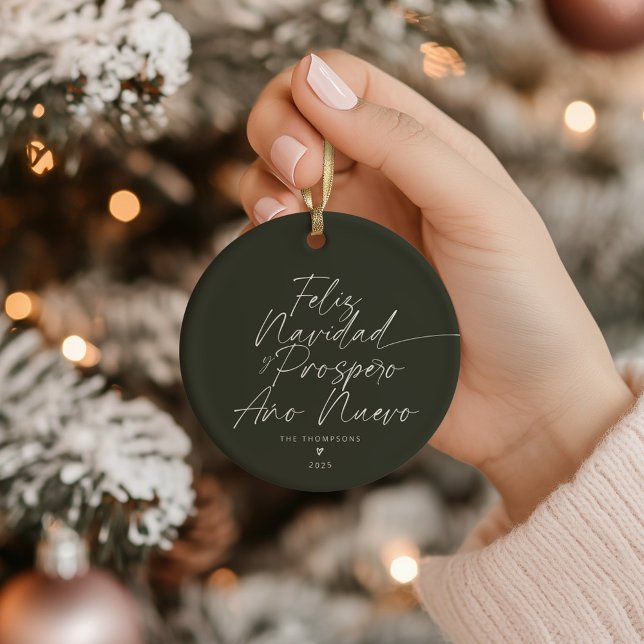 Green Minimalist Modern Script Feliz Navidad Ceramic Ornament (Creator Uploaded)
