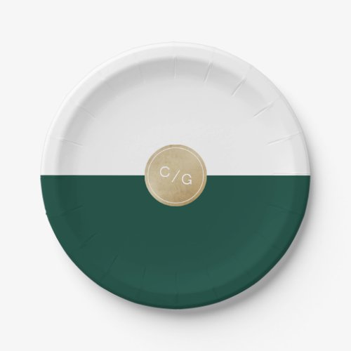 Green minimalist modern wedding monogram paper plates