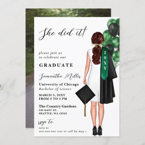 Green Minimalist Photo She Did It Graduation  Invitation