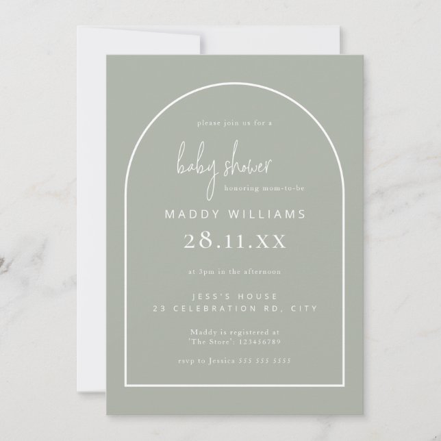 Green Minimalist Script Arch Boy Baby Shower Invitation (Front)