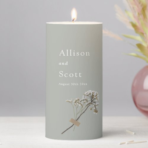 Green Minimalist Script Hand Press Floral Wedding Pillar Candle