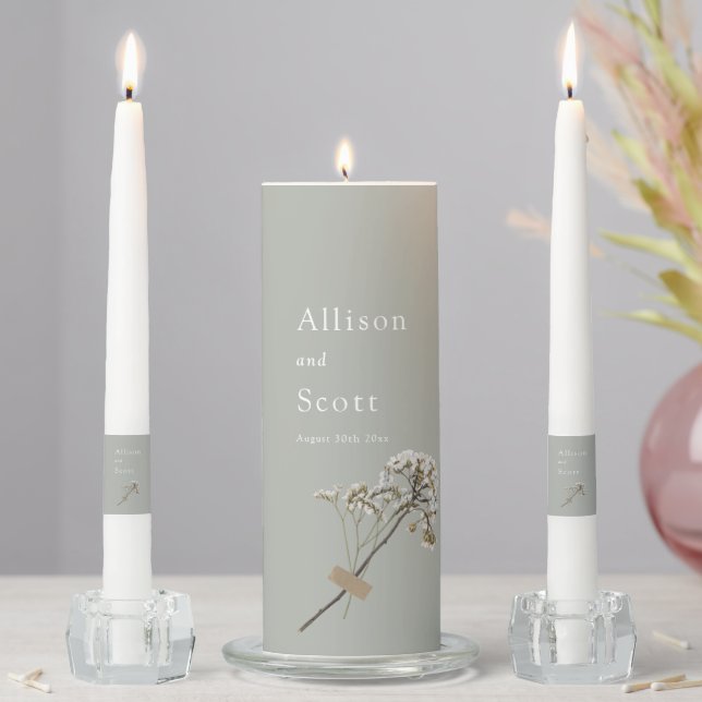 Green Minimalist Script Hand Press Floral Wedding Unity Candle Set (In Situ)