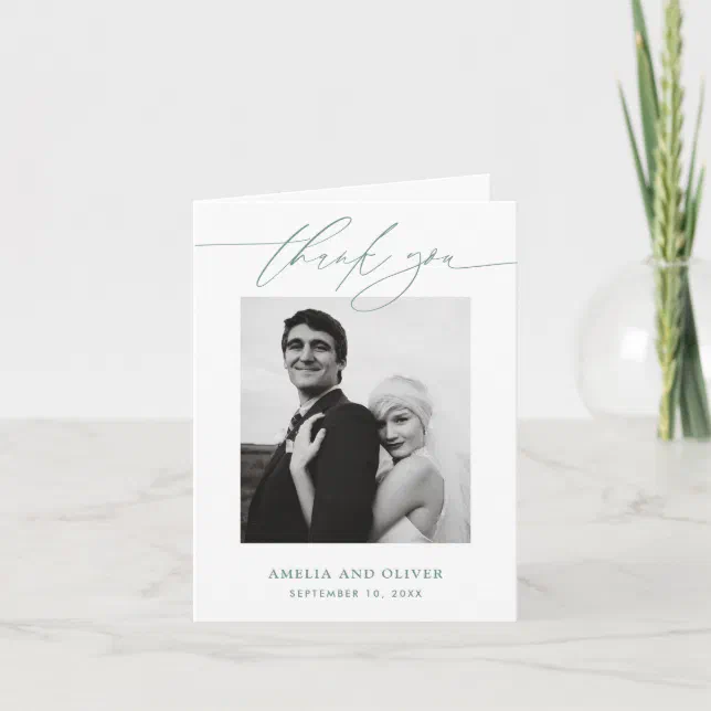 Green Minimalist Script Photo Wedding Thank You Card | Zazzle
