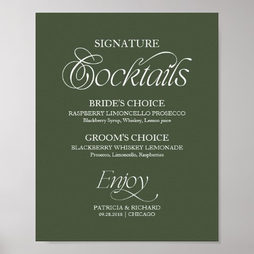 Green Minimalist Signature Cocktails Wedding Sign