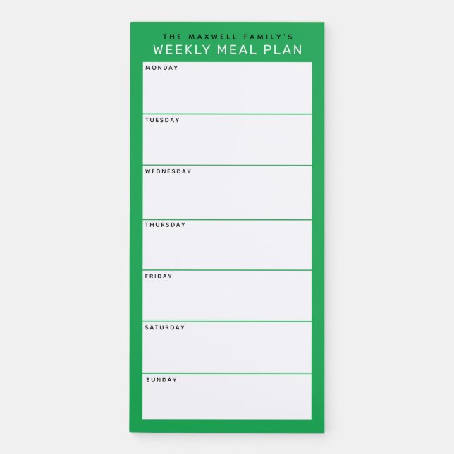 Green Minimalist Simple Family Meal Planning Magnetic Notepad (Front)