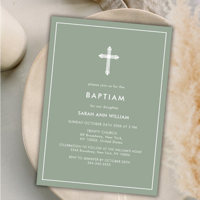 Green Minimalist Typography Cross Frame Baptism Invitation (Green Minimalist Typography Cross Frame Baptism Invitation)