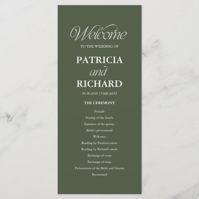 Green Minimalist Wedding Order of Service Program (Front)