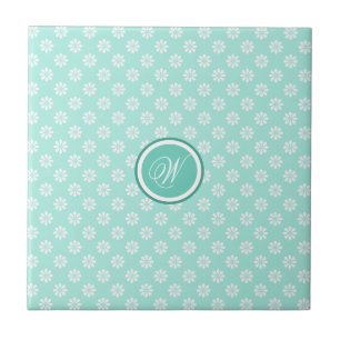 Green Mint Daisies Monogrammed Ceramic Tile