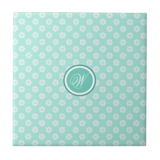 Green Mint Daisies Monogrammed Ceramic Tile