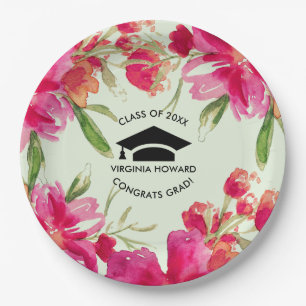 Green Mint Fuchsia Floral Graduation Party Paper Plates