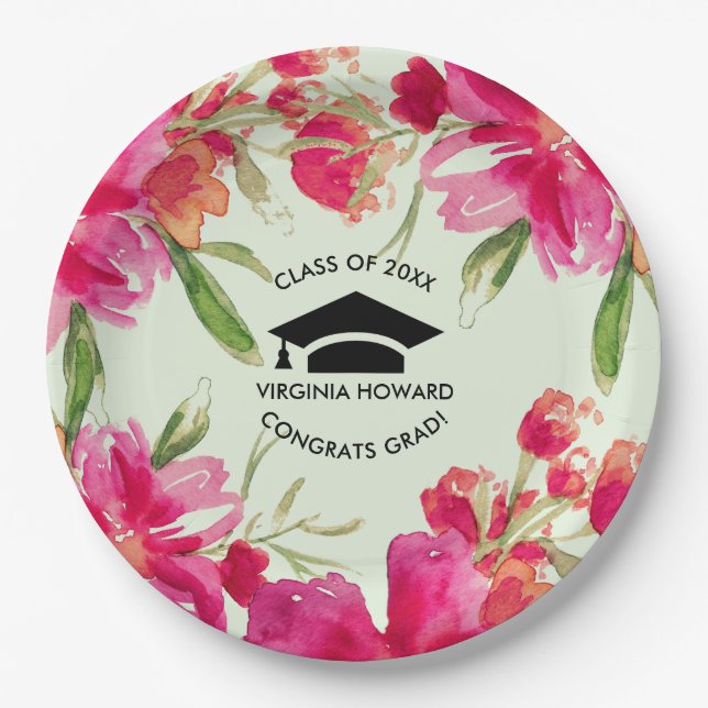 Green Mint Fuchsia Floral Graduation Party  Paper Plates (Front)