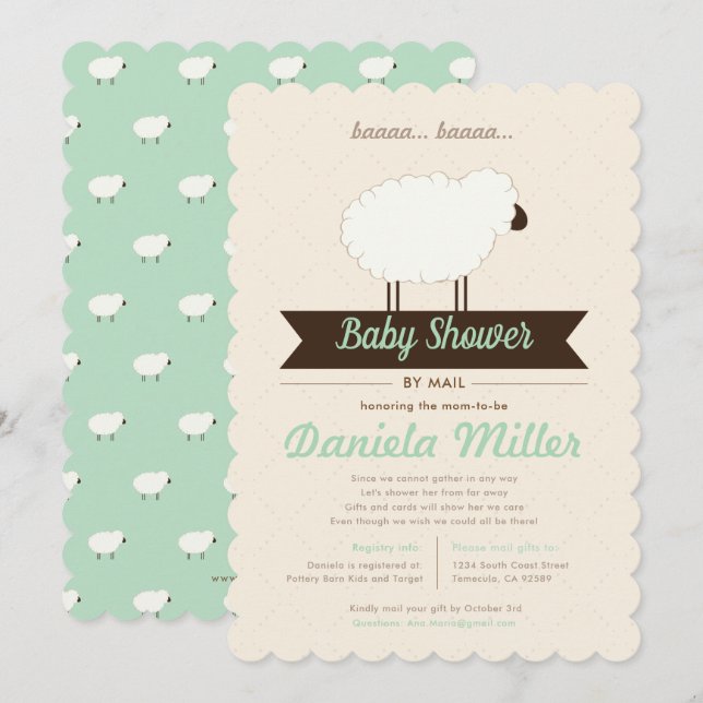 Green Mint Little Lamb Baby Shower by Mail Invitation (Front/Back)