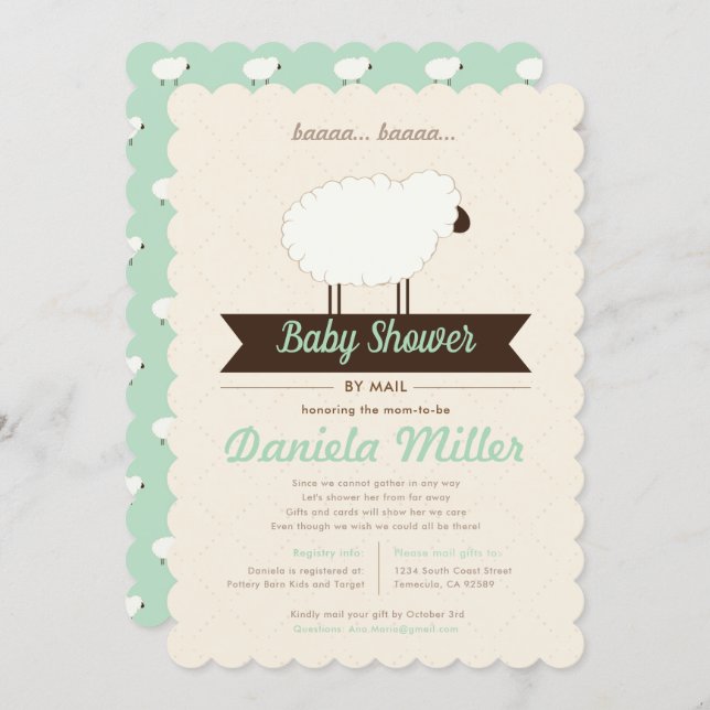 Green Mint Little Lamb Baby Shower by Mail Invitation (Front/Back)