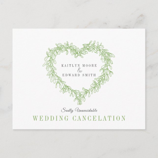 Green mistletoe heart wreath wedding cancelation announcement postcard (Front)