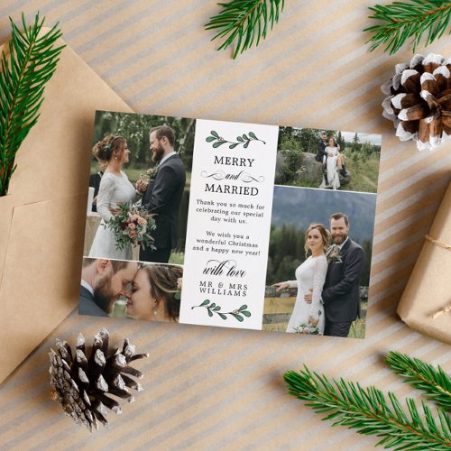Green Mistletoe Merry Married Photo Christmas  Thank You Card