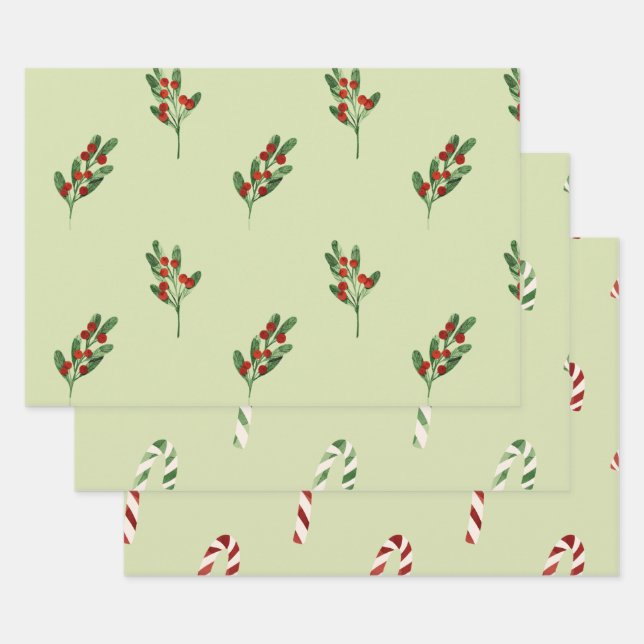 Green Mistletoe Red Berries and Red Candy Canes Wrapping Paper Sheets (Set)