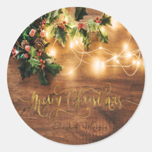 Green Mistletoe,String Lights,Wood Christmas Classic Round Sticker