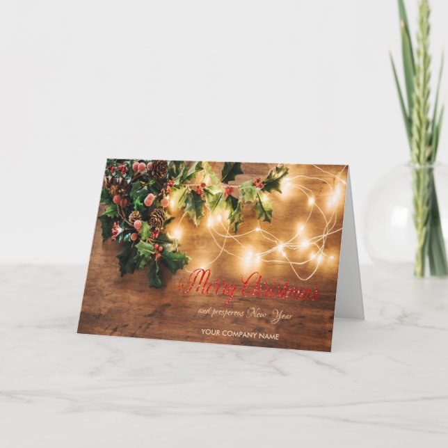 Green Mistletoe,String Lights,Wood Christmas Holiday Card (Front)