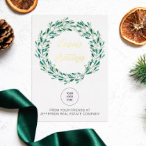 Green Mistletoe Wreath Company Logo Business  Foil Holiday Card