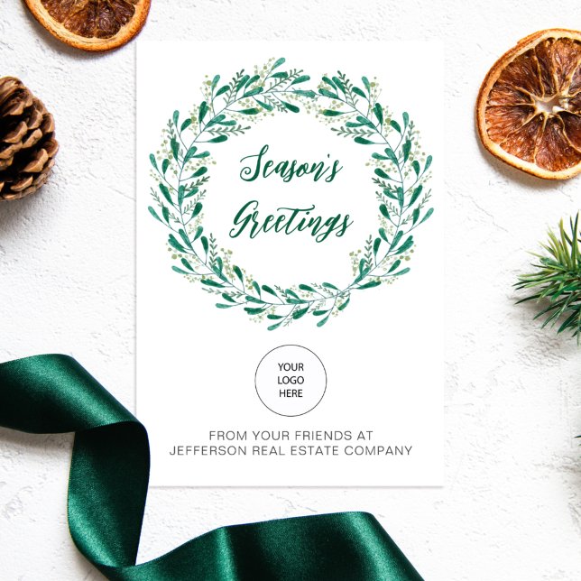 Green Mistletoe Wreath Company Logo Business Holiday Card (Creator Uploaded)