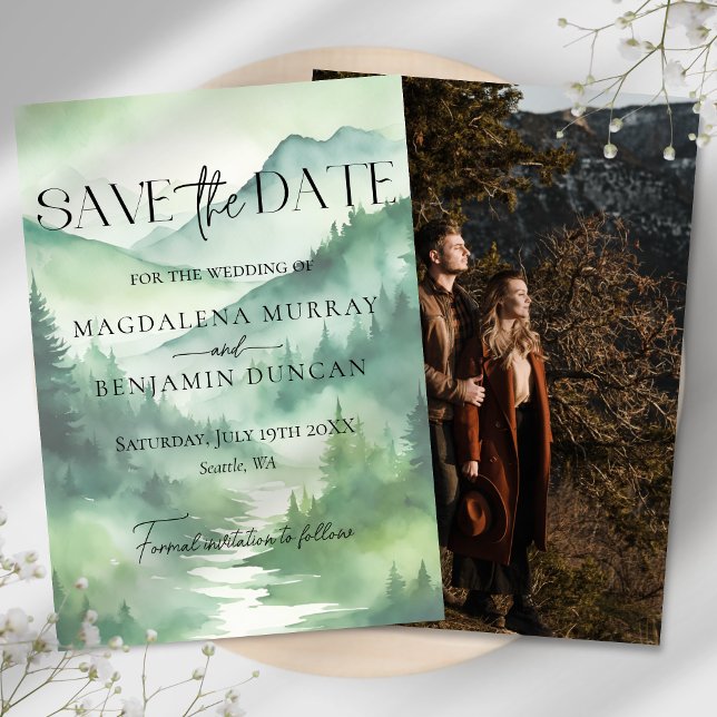 Green Misty Mountains Pine Trees Wedding Photo Save The Date (Creator Uploaded)