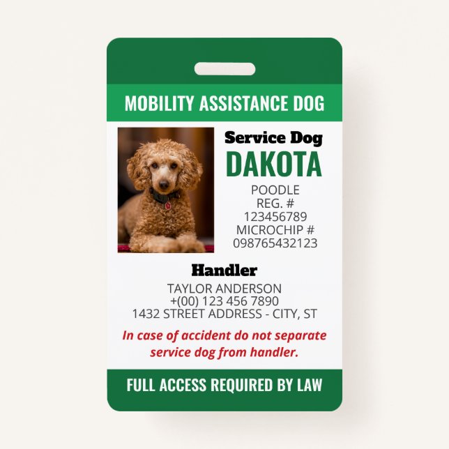 Green Mobility Assistance Dog Logo QR Photo ID Badge (Front)